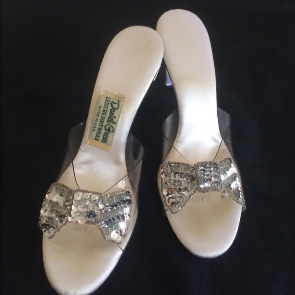 Vintage Shoes - Vintage Daniel Green Satin Sequin Lucite Slippers